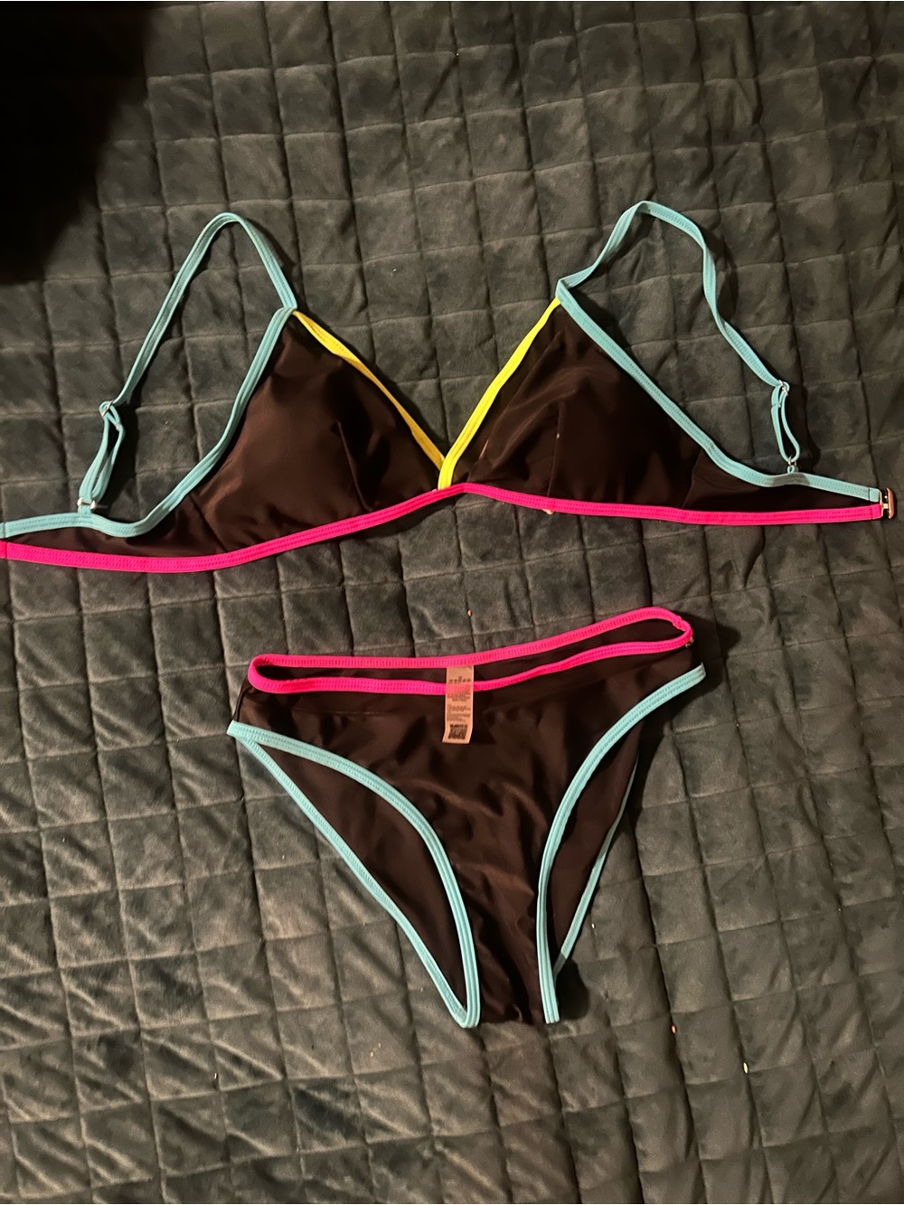 Women’s Black Triangle Bikini with Blue & Pink Trim